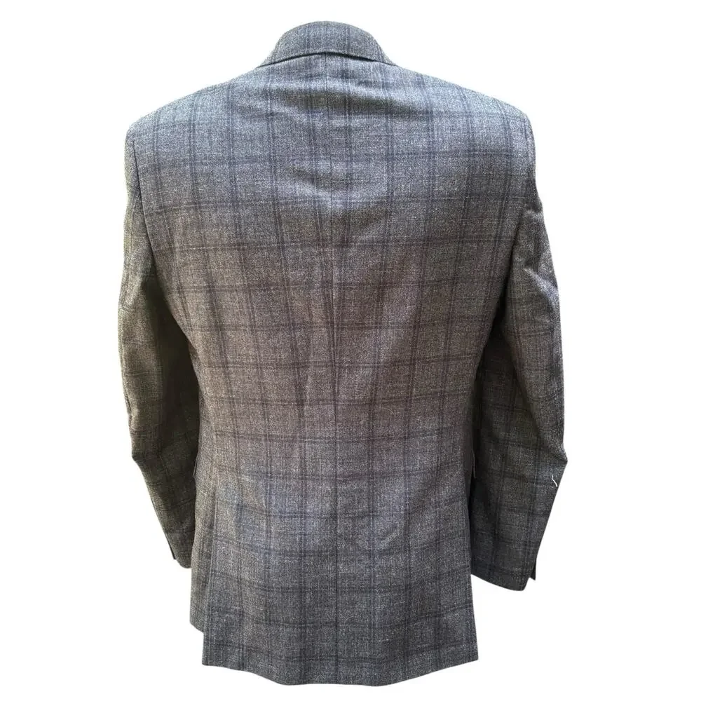 Jos A Bank Sport Coat Sz 42 Long Gray Windowpane Wool Silk Linen Single Breasted
